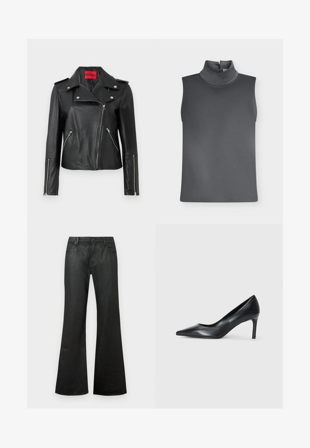 Veste de moto en cuir noir avec des zippers en métal argenté, col à pression et poches zippées. Possède une étiquette intérieure rouge vif.; Haut sans manches gris foncé avec col roulé haut et fermeture à bouton à l'arrière du cou sur fond blanc.; Jeans évasés noirs en denim avec une texture lisse, taille standard, style à cinq poches et fermeture par bouton.; Escarpin noir en cuir à bout pointu avec un talon fin, texture lisse et sans embellissements visibles. Design épuré avec une esthétique minimaliste.