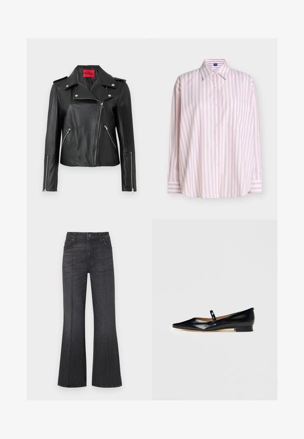 Veste de moto en cuir noir avec des zippers en métal argenté, col à pression et poches zippées. Possède une étiquette intérieure rouge vif.; Chemise à manches longues boutonnée avec des rayures verticales roses et blanches, col pointu et poche poitrine avec une broderie blanche subtile.; Jean noir évasé avec une taille haute, doté de poches avant et de surpiqûres contrastantes le long des coutures, fabriqué en tissu denim.; Chaussure plate Mary Jane en cuir verni noir, à bout pointu, avec une seule sangle et un petit talon sur fond uni.
