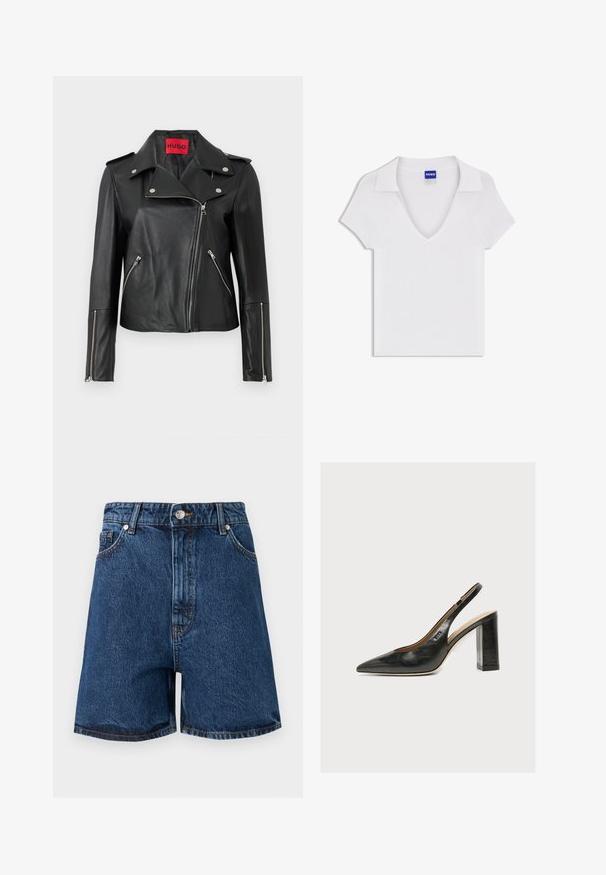 Veste de moto en cuir noir avec des zippers en métal argenté, col à pression et poches zippées. Possède une étiquette intérieure rouge vif.; Chemise blanche à manches courtes avec col en V et large col, en tissu texturé, avec une étiquette bleue « HUGO » à l'intérieur de l'encolure.; Shorts en jean bleu taille haute avec bouton frontal, fermeture éclair, passants pour ceinture et poches avant, sur un fond uni.; Chaussure slingback femme en cuir noir avec bout pointu et talon bloc épais et haut sur fond blanc.
