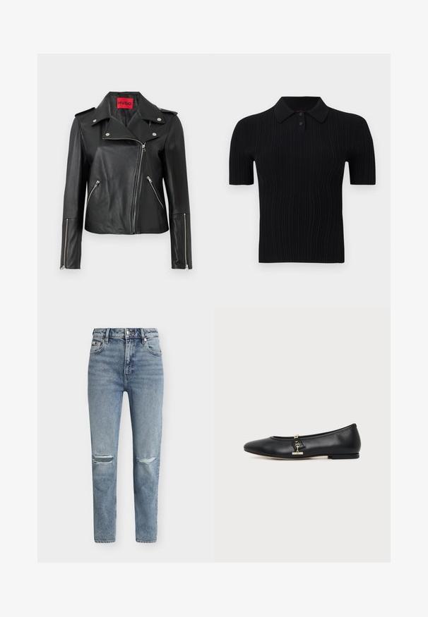 Veste de moto en cuir noir avec des zippers en métal argenté, col à pression et poches zippées. Possède une étiquette intérieure rouge vif.; Polo noir à manches courtes côtelé avec deux boutons et un col plat, présenté sur un fond neutre.; Jean en denim bleu clair taille haute avec zip sur le devant, fermeture par bouton et détails déchirés aux deux genoux.; Ballerine en cuir noir avec un petit détail en métal doré en forme de mors de cheval sur le côté et une semelle plate.