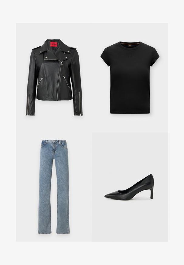 Chaqueta de motocicleta de cuero negro con cremalleras plateadas, cuello abatible y bolsillos con cremallera. Presenta una etiqueta interior roja audaz.; Camiseta negra de manga corta acanalada con cuello redondo y logo tonal sutil bordado en el pecho.; Vaqueros azules de pierna recta con cintura alta, cierre frontal de botones y diseño de cinco bolsillos, exhibidos sobre un fondo blanco.; Zapato de salón negro de piel con punta afilada y tacón delgado de altura media sobre un fondo liso de color gris claro.