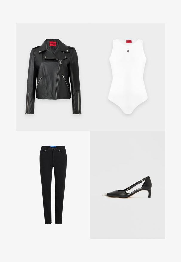 Chaqueta de motocicleta de cuero negro con cremalleras plateadas, cuello abatible y bolsillos con cremallera. Presenta una etiqueta interior roja audaz.; Body ajustado sin mangas blanco con escote redondo y pequeño logo negro "HUGO" en el pecho, etiqueta de marca roja en el interior del cuello.; Jeans de mezclilla negra con un ajuste slim, diseño de cinco bolsillos, cremallera y cierre de botón metálico. Presenta costuras sutiles y una cintura de altura media.; Zapato de tacón bajo tipo kitten heel de cuero negro con puntera plateada puntiaguda y correas dobles con hebilla sobre un fondo blanco.