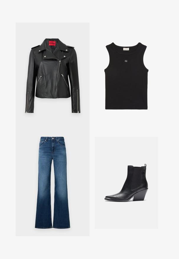 Veste de moto en cuir noir avec des zippers en métal argenté, col à pression et poches zippées. Possède une étiquette intérieure rouge vif.; Haut noir sans manches à côtes, avec encolure ronde, étiquette Calvin Klein Jeans à l'intérieur du col et petit patch logo CK sur la poitrine.; Jean évasé bleu en denim, avec une taille mi-haute, cinq poches, des surpiqûres contrastantes et une finition légèrement délavée.; Bottines en cuir noir avec un bout pointu, des panneaux latéraux élastiques et un talon bloc. La finition est lisse avec un design épuré.