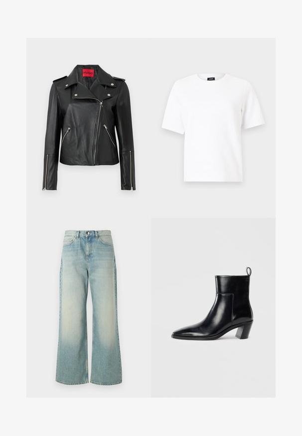 Chaqueta de motocicleta de cuero negro con cremalleras plateadas, cuello abatible y bolsillos con cremallera. Presenta una etiqueta interior roja audaz.; Camiseta blanca de manga corta con cuello redondo y una pequeña etiqueta negra de la marca "JOOP!" en el cuello, sobre un fondo liso de color gris claro.; Vaqueros de pierna ancha de color azul claro, hechos de denim, con un lavado deslavado, un diseño clásico de cinco bolsillos y un cierre frontal con botón.; Botín de piel negra hasta el tobillo con punta afilada, tacón apilado geométrico y una lengüeta en la parte posterior. Textura suave y diseño elegante.
