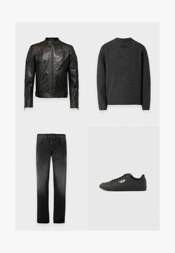 Belstaff OUTLAW - Nahkatakki - black; Tummanharmaa neulepusero, valmistettu pehmeästä neuloksesta, jossa on pyöreä kaulus sekä resorit hihansuissa ja helmassa. Takana pieni logoyksityiskohta.; Mustat farkut haalistuneella pesulla, suorilla lahkeilla, viiden taskun mallilla ja metallisella napin kiinnityksellä. Sileä pinta hienovaraisilla yksityiskohdilla.; Mustat synteettiset tennarit, joissa on teksturoitu musta pohja, pyöreä kärki ja tasaiset mustat nauhat. Ulkosivulla näkyvä valkoinen logo on merkittävä yksityiskohta.