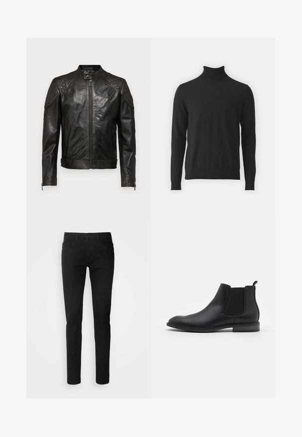 Belstaff OUTLAW - Nahkatakki - black; Musta poolpikkade varrukatega särk, mis on valmistatud pehmest kangast, ribidega kaeluse ja sileda tekstuuriga, sobib hästi keha järgi.; Mustat farkut, joissa on slim fit -leikkaus, viisi taskua, vetoketjusuljenta ja sileä, puhdas pinta. Normaali vyötärö vyölenkeillä.; Mustat nahkakengät Chelsea-tyyliin, joissa on joustavat sivupaneelit, pyöristetty kärki ja vetotappi. Kengissä on matala lohkare korko ja sileä pinta.