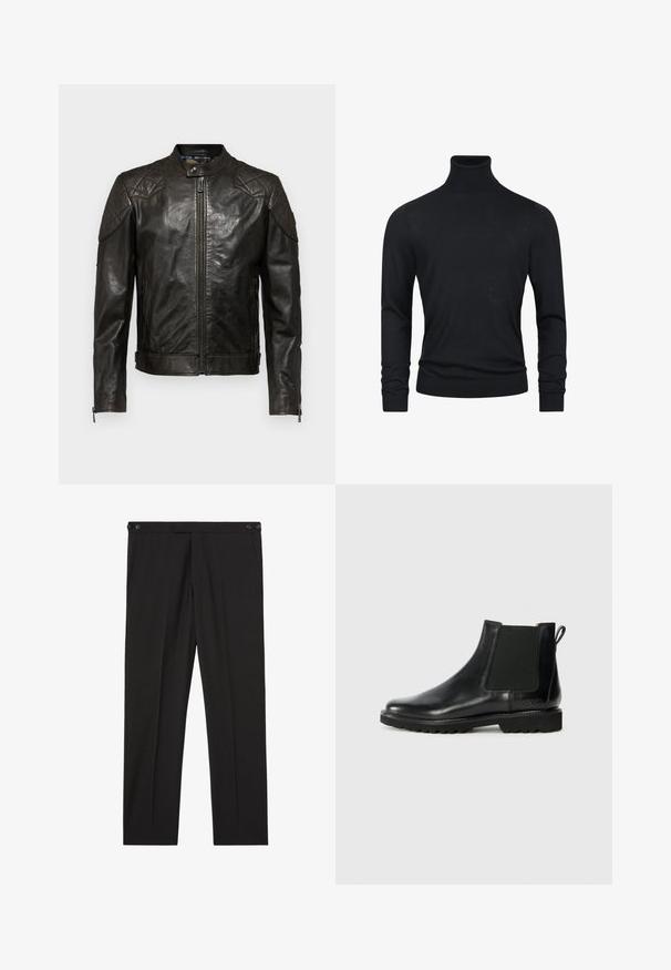 Belstaff OUTLAW - Læderjakker - black; Sort turtleneck sweater med lange ærmer, lavet af et glat strikstof, med ribbede manchetter og søm for et tætsiddende udseende.; Sorte skræddersyede bukser med knapper i siden ved taljen, frontplisseringer og lige ben, velegnede til formelt eller kontorbrug.; Sort læder Chelsea støvle med elastiske sidepaneler, afrundet tå og struktureret gummisål. Har en trækstrop på bagsiden.