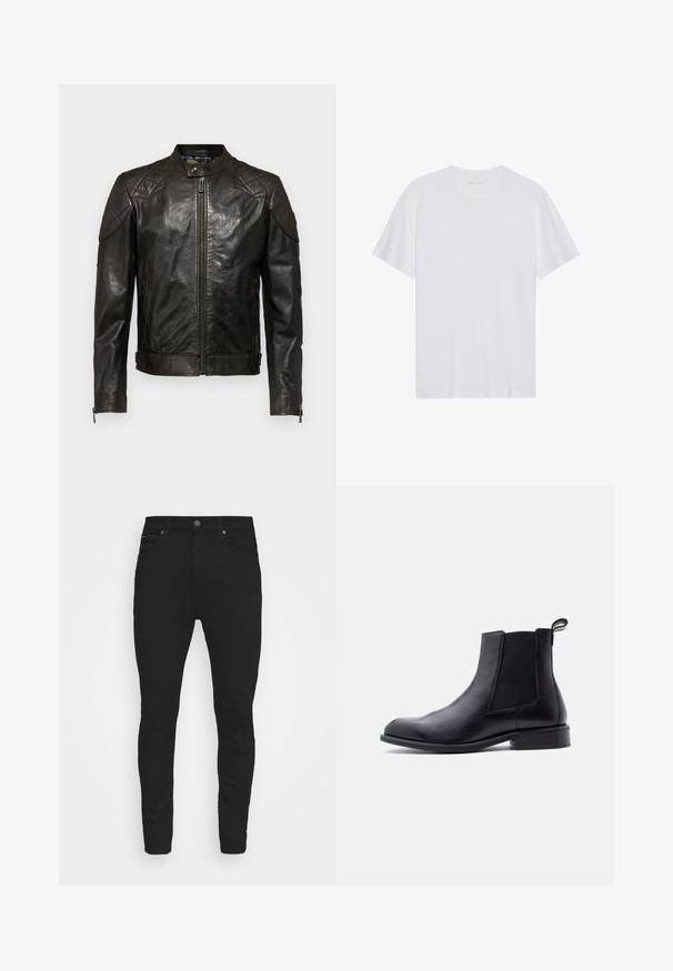 Belstaff OUTLAW - Læderjakker - black; Hvid bomulds T-shirt med korte ærmer, rund hals og en glat tekstur. Har minimal branding på halsudskæringen.; Sorte slim-fit jeans lavet af denim, med et klassisk fem-lomme design, en knaplukning og diskrete røde stikninger.; Sort læder Chelsea-støvle med elastisk sidepanel, trækflig ved hælen, lav blokhæl og glat, rundet tå på hvid baggrund.