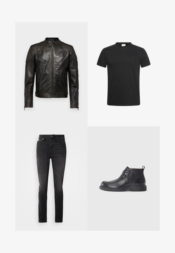Belstaff OUTLAW - Nahkjakk - black; Must lühikeste varrukatega ümmarguse kaelusega t-särk, vasakul rinnal väike diskreetne "cK" logo.; Mustad jeanid peenike sobivusega, viie tasku disainiga ja nööbiga sulgemisega. Omavad peent pleekimist ja õmblusaktsente tegumoodide peal.; Mustad nahkjalatsid, ümarate varvastega, nöörimisega disain ja taga tõmbeosa. Tekstuuriga pealisosa ja kummist tald.