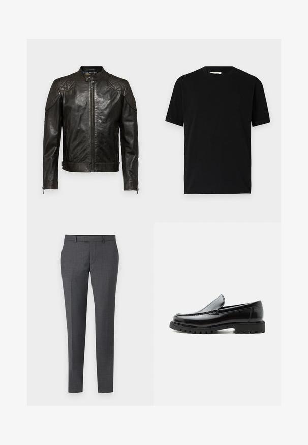 Belstaff OUTLAW - Læderjakker - black; Sort kortærmet t-shirt lavet af bomuld med rund halsudskæring og løs pasform. Glat tekstur, ingen mønstre eller synlige logoer.; Grå skræddersyede bukser med en glat tekstur, lige pasform, flad front og bæltesløjfer. Har et subtilt ternet mønster og en kant ned foran.; Sort læderloafer med chunky gummisål, syet overdel og præget mærkenavn på hælen, vist i sideprofil på hvid baggrund.