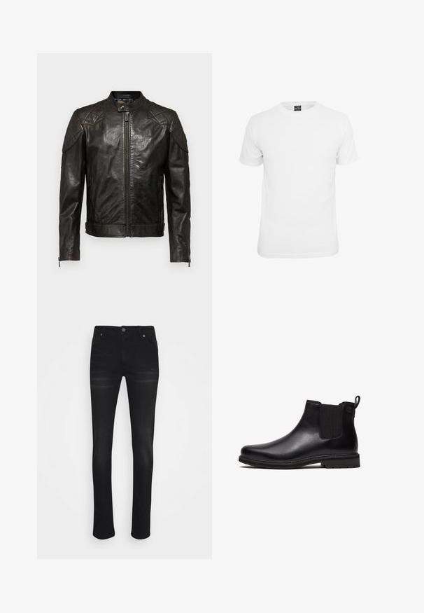 Belstaff OUTLAW - Kožená bunda - black; Biely krátky rukáv tričko, vyrobené z bavlny, s okrúhlym výstrihom a hladkou textúrou, navrhnuté pre neformálne nosenie.; Čierne rifľové nohavice s rovným strihom, piatimi vreckami a zapínaním na gombík. Hladká textura s minimálnym vyblednutím.; Čierna kožená Chelsea topánka s elastickým bočným panelom, ťahacou slučkou na päte a hrubou gumovou podrážkou s miernym podpätkom, zobrazená z bočného profilu.