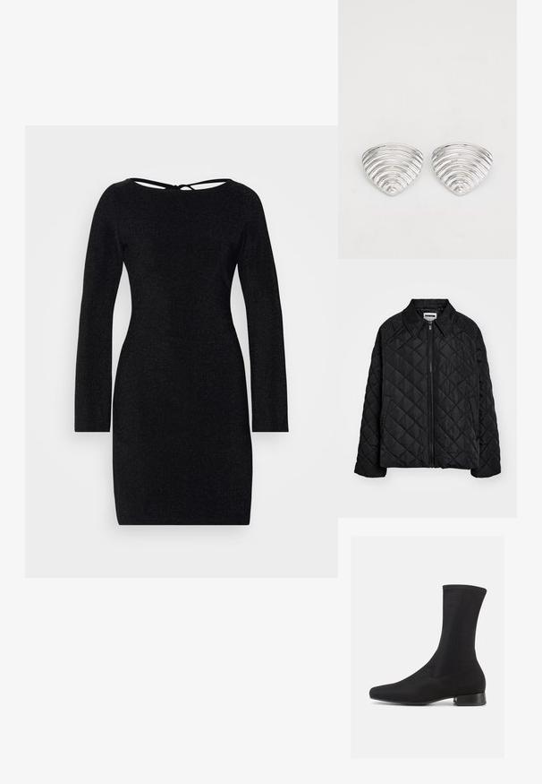 Schwarze gesteppte Jacke mit spitzem Kragen, vorderem Reißverschluss und Seitentaschen. Glatte Textur mit einem Diamantmuster über dem Stoff.; Schwarzes langärmeliges Kleid mit schmaler Silhouette, runder Ausschnitt und einer Krawatte-Rückseite, das eine subtile strukturierte Schimmer-Oberfläche aufweist.; Schwarzer Knöchelstiefel mit einem glatten, dehnbaren Stoffoberteil und einem niedrigen, gestapelten Absatz. Verfügt über eine spitze Zehenpartie und ein nahtloses Design.; Ohrringe in Silberoptik mit einem wellenförmigen, strukturierten Design, das wie überlappende Halbmonden geformt ist; die polierte Oberfläche verstärkt die reflektierenden Eigenschaften.