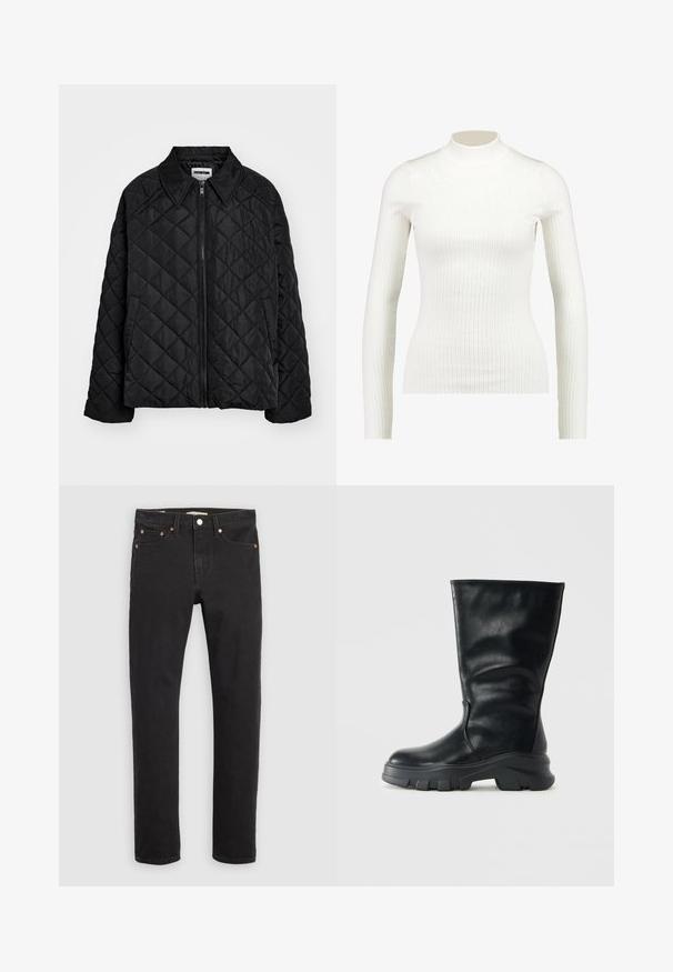 Veste matelassée noire avec un col pointu, fermeture éclair à l'avant et poches latérales. Texture lisse avec un motif en diamant sur le tissu.; Haut à col roulé long à manches longues en blanc côtelé, au design ajusté et à la texture lisse, avec un col haut et une silhouette élancée.; Jean en denim noir avec une coupe droite, un design à cinq poches, des rivets en métal et des coutures contrastées. Texture lisse avec une coupe classique.; Botte en cuir noir mi-mollet avec semelle épaisse à rainures et bout arrondi, présentée de côté sur un fond clair.