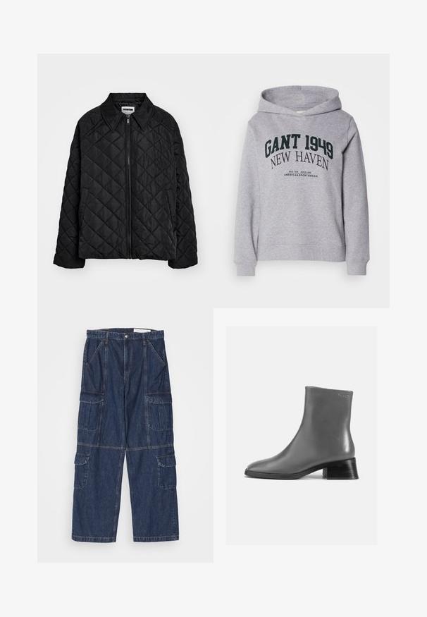 Sort quiltet jakke med spids krave, lynlås foran og sidelommer. Glat tekstur med et diamantmønster over stoffet.; Lys grå hættetrøje med fronttekst "GANT 1949 NEW HAVEN" og mindre tryk "American Sportswear" nedenfor, med lange ærmer og hætte.; Mørkeblå denim cargo bukser med løs pasform, flere lommer og lige ben design. Har stikningsdetaljer og knaplukning.; Grå læder ankelstøvle med rund tå og en kort, stablet sort hæl. Glat tekstur med minimal detaljer.
