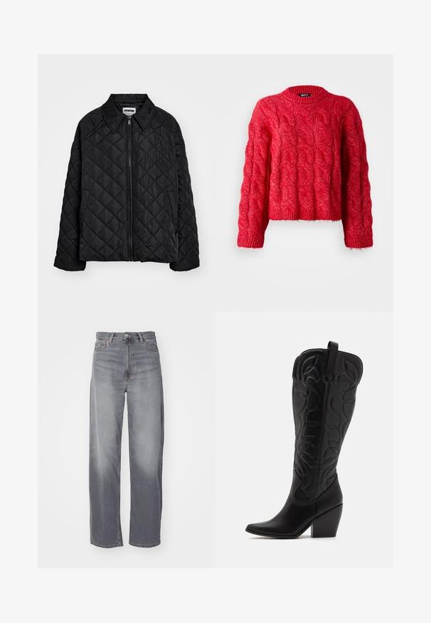 Sort quiltet jakke med spids krave, lynlås foran og sidelommer. Glat tekstur med et diamantmønster over stoffet.; Rød kabelstrikket sweater med rund halsudskæring, lange ærmer og en cropped design. Materialet virker blødt og har et mønstret tekstur.; Weekday RAIL MID LOOSE STRAIGHT - Jeans Straight Leg - misty grey; Sorte knæhøje støvler i læder med spids snude og lagdelt hæl. Har dekorative syninger og buede designelementer.