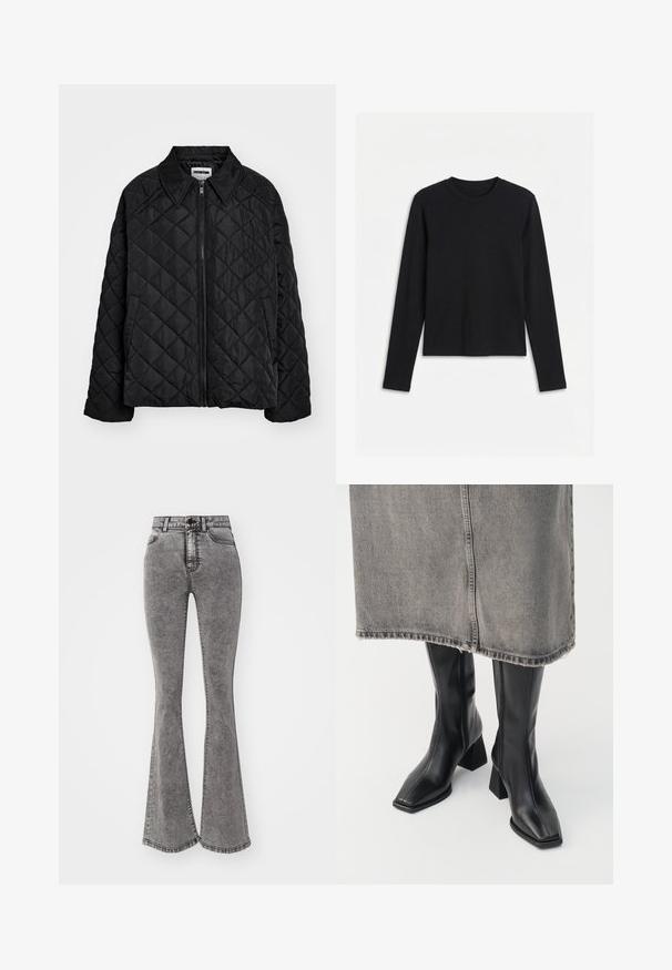 Sort quiltet jakke med spids krave, lynlås foran og sidelommer. Glat tekstur med et diamantmønster over stoffet.; Sort langærmet T-shirt med bådhals og tætsiddende, ensartet design vist på hvid baggrund.; Højtaljede flared jeans i en falmet grå denim med slidte detaljer, med knaplukning og fem-lomme design.; Sorte knæhøje støvler i glat læder med firkantet tå og blokeret hæl. Båret med en grå denimnederdel med flosset kant.