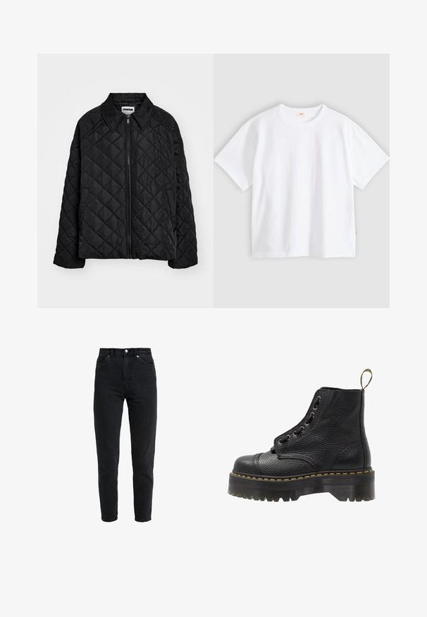 Sort quiltet jakke med spids krave, lynlås foran og sidelommer. Glat tekstur med et diamantmønster over stoffet.; Hvid bomuld t-shirt med korte ærmer, rund hals, afslappet pasform, glat tekstur og en lille logolabel på venstre sidesøm.; High-waist sort denim jeans med forreste knap og lynlås, to forlommer og en tilspidset ben foran på en hvid baggrund.; Sorte læder ankelstøvler med tekstureret overflade, rund tå, snørebåndsdesign, gule stikninger og en tyk, rillet sort platformsål.