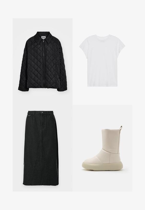 Zwarte gewatteerde jas met een puntige kraag, frontrits en zijzakken. Gladde textuur met een ruitpatroon over de stof.; Witte t-shirt met korte mouwen, ronde hals, relaxte pasvorm, gemaakt van zacht katoen. Glad textuur, geen patronen of logo's.; Zwarte spijkerrok met een hoge taille, rechte snit en unieke schuine naden. Voorzien van zijsplitten en een knoopsluiting in de taille.; Beige enkellaars met een glad leren buitenkant, ronde neus en een dikke, lichtgekleurde zool. Voorzien van een lus aan de achterkant.