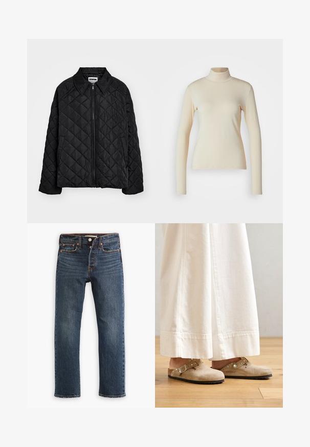 Veste matelassée noire avec un col pointu, fermeture éclair à l'avant et poches latérales. Texture lisse avec un motif en diamant sur le tissu.; Haut à col roulé à manches longues de couleur crème, fabriqué en tissu lisse et extensible ; design ajusté avec un col haut et sans motifs ni accents visibles.; Jean en denim bleu foncé avec une coupe droite. Comprend des poches avant, une braguette à boutons et des surpiqûres visibles. Texture usée.; Clogs en suède beige avec une sangle à boucle et des accents cloutés, portés avec un pantalon large blanc, posés sur un sol en bois.