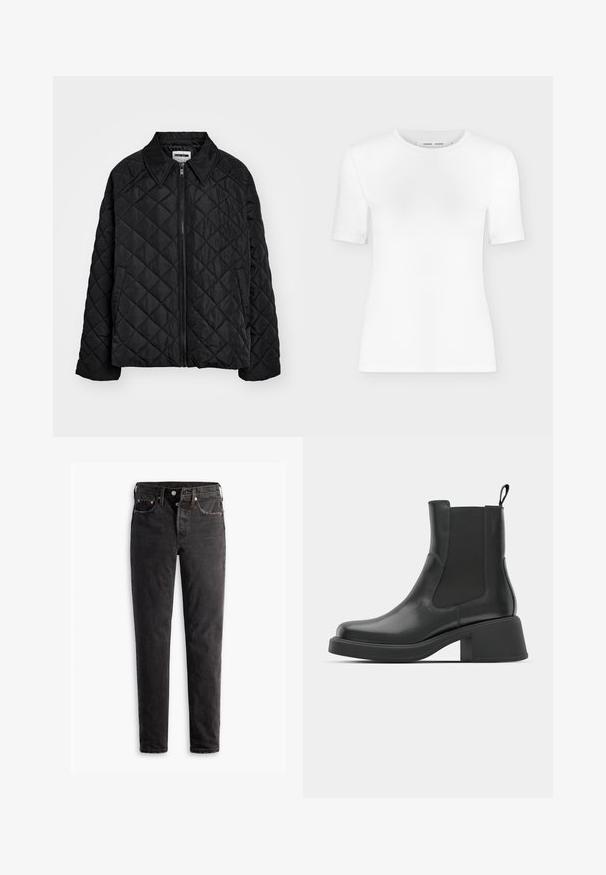 Sort quiltet jakke med spids krave, lynlås foran og sidelommer. Glat tekstur med et diamantmønster over stoffet.; Hvid T-shirt med rund hals, korte ærmer, slank pasform og ribbet stofstruktur, vist på en ensfarvet lys grå baggrund.; Sorte denim jeans med lige ben, der har fem lommer, kobberhardware og en let slidte måde.; Sorte læder ankelstøvler med elastiske sidepaneler, afrundet tå og en kraftig blokhæl. Glat tekstur med et minimalistisk design.