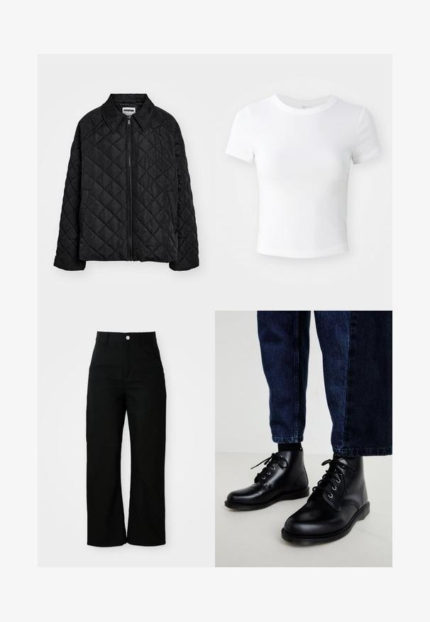 Schwarze gesteppte Jacke mit spitzem Kragen, vorderem Reißverschluss und Seitentaschen. Glatte Textur mit einem Diamantmuster über dem Stoff.; Weißes, kurzärmeliges, cropped T-Shirt mit Rundhalsausschnitt, auf einem neutralen, hellen Hintergrund präsentiert.; Schwarze, hoch taillierte, gerade geschnittene Hose mit Vordertaschen, Gürtelschlaufen und einem silbernen Knopfverschluss auf weißem Hintergrund.; Schwarze Leder-Stiefeletten mit runden Zehen, Schnürdesign, silbernen Ösen und strukturierten Sohlen, kombiniert mit dunkelblauen Denim-Jeans.