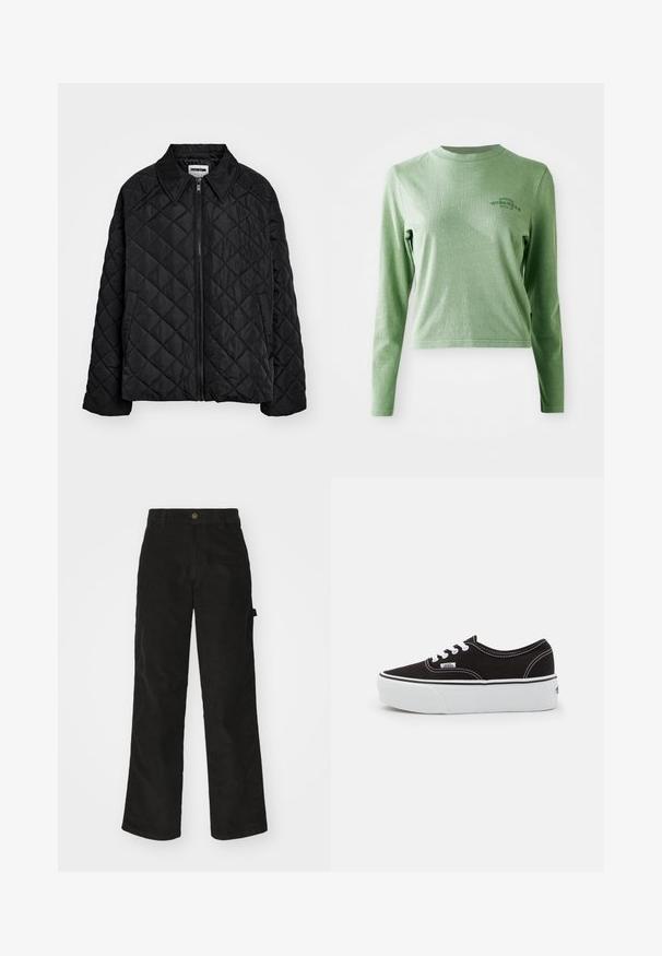 Sort quiltet jakke med spids krave, lynlås foran og sidelommer. Glat tekstur med et diamantmønster over stoffet.; Lys grøn langærmet t-shirt lavet af blødt bomuld, med en rund halsudskæring og et lille trykt logo på øverste venstre side.; Sorte kordfløjsbukser med et lige ben-design, der har en knaplukning og sidelommer. Glat tekstur med fine lodrette striber.; Sort lærred sneakers med en hvid gummi platform sål, der har hvide snørebånd og syninger, ikonisk branding på siden, lav-top design.