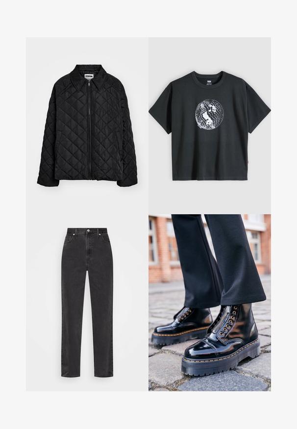 Sort quiltet jakke med spids krave, lynlås foran og sidelommer. Glat tekstur med et diamantmønster over stoffet.; Sort T-shirt med korte ærmer med et hvidt og gråt discokuglegrafik midt på fronten mod en ensfarvet lys baggrund.; Sorte denim jeans med lige ben, høj talje, foran knap og lynlås, samt fem-lomme stil på en hvid baggrund.; Sorte lakerede ankelstøvler med en tyk gummisål, sidelukning med lynlås, guldfarvede øjer og kontrastfarvet gult syning.