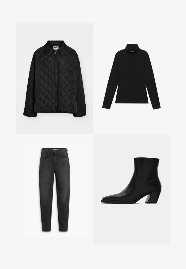 Schwarze gesteppte Jacke mit spitzem Kragen, vorderem Reißverschluss und Seitentaschen. Glatte Textur mit einem Diamantmuster über dem Stoff.; Schwarzes langärmeliges Rollkragenshirt. Weicher Stoff, enganliegendes Design, hoher Kragen und seitliche Nähte. Schlichter und vielseitiger Stil, der sich gut für das Layering eignet.; Schwarze hochgeschnittene Slim-Fit-Jeans mit Vorder- und Gesäßtaschen, Knopfverschluss und Gürtelschlaufen, auf einem weißen Hintergrund präsentiert.; Schwarze Leder-Stiefelette mit spitzem Zeh, schlanker Silhouette und klobigem quadratischem Absatz. Glatte Textur mit minimalen Nähdetails.