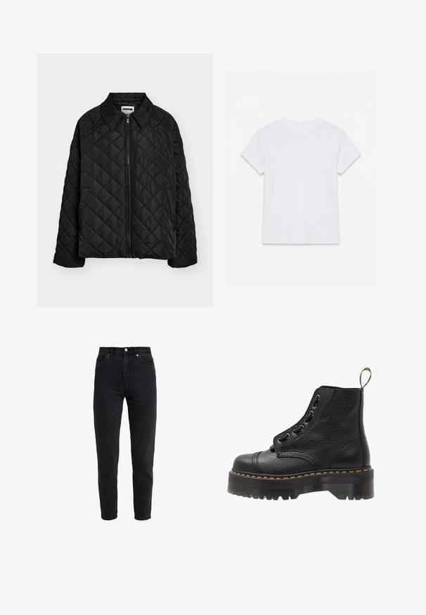 Sort quiltet jakke med spids krave, lynlås foran og sidelommer. Glat tekstur med et diamantmønster over stoffet.; Hvid kortærmet t-shirt i bomuld med rund hals, lagt fladt på en hvid baggrund.; High-waist sort denim jeans med forreste knap og lynlås, to forlommer og en tilspidset ben foran på en hvid baggrund.; Sorte læder ankelstøvler med tekstureret overflade, rund tå, snørebåndsdesign, gule stikninger og en tyk, rillet sort platformsål.