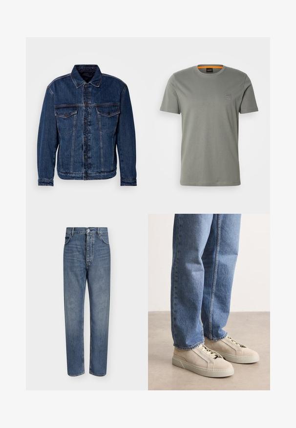Donkerblauwe spijkerjas met een kraag, twee borstzakken en knoopsluiting. Heeft een iets ongestructureerde pasvorm en zichtbare stiksels.; Grijze katoenen t-shirt met korte mouwen en een ronde hals. Heeft een klein vierkant logo-op-patch op de linker borst in een bijpassende kleur.; Blauwe denim jeans met rechte pijpen, hoge taille, knoopsluiting aan de voorkant en vijfzakkenontwerp op een effen lichte achtergrond.; BOSS GARYTENN_SDHDEL - Sneakers laag - natural ten