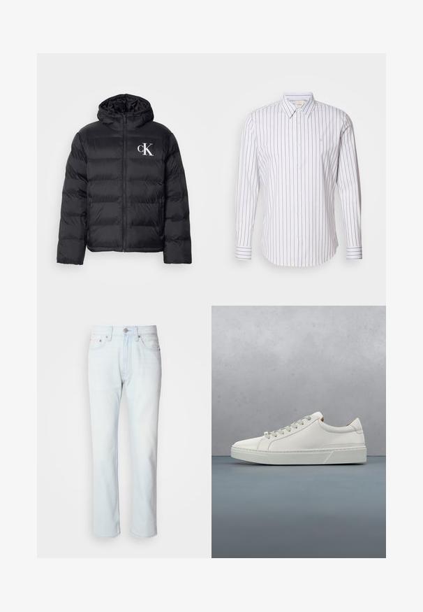 Čierna páperová bunda s predným zipsom, kapucňou a bielym logom "CK". Má prešívaný dizajn a hladkú, lesklú textúru.; Calvin Klein SLIM FIT - Košeľa - gray marble; Svetlomodré riflové nohavice so strihom rovného nohavice. Majú gombíkový uzáver a pútka na opasok, pričom preukazujú vyblednutú štruktúru a minimálne šitie.; Biele kožené tenisky s okrúhlou špičkou, minimalistickým dizajnom, šedými šnúrkami a štruktúrovanou šedou gumovou podrážkou. Viditeľné jemné švy.