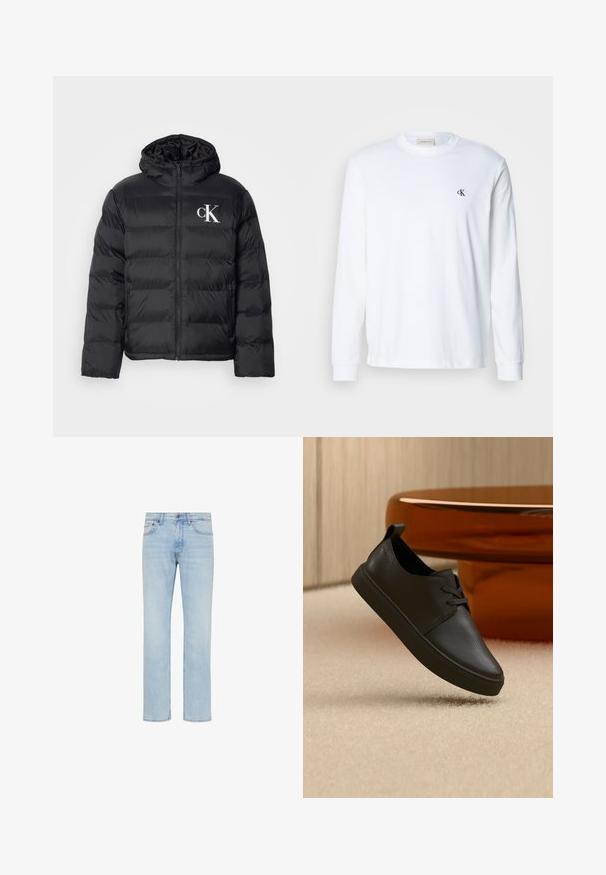 Doudoune noire avec fermeture éclair à l'avant, capuche et logo "CK" blanc. Présente un design matelassé et une texture lisse et brillante.; Chemise blanche en coton à manches longues avec col rond et petit logo noir "cK" sur la poitrine gauche.; Jean denim bleu clair coupe droite avec bouton sur le devant, fermeture éclair et design cinq poches, présenté sur fond blanc.; Baskets décontractées en cuir noir avec lacets, flottant au-dessus d'un tapis beige, avec une table en verre ambré arrondie en arrière-plan.