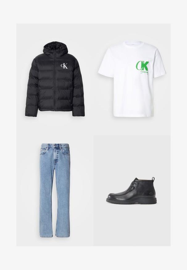 Doudoune noire avec fermeture éclair à l'avant, capuche et logo "CK" blanc. Présente un design matelassé et une texture lisse et brillante.; T-shirt en coton blanc avec un logo CK vert sur la poitrine gauche. Design classique à col rond avec des manches courtes et un ourlet droit.; Jean en denim bleu clair avec une coupe droite, cinq poches et une fermeture à bouton. Détails de couture près des poches et de la taille.; Bottes noires en cuir à talon arrondi, avec un design à lacets et une languette à l'arrière. Tige texturée et semelle en caoutchouc.