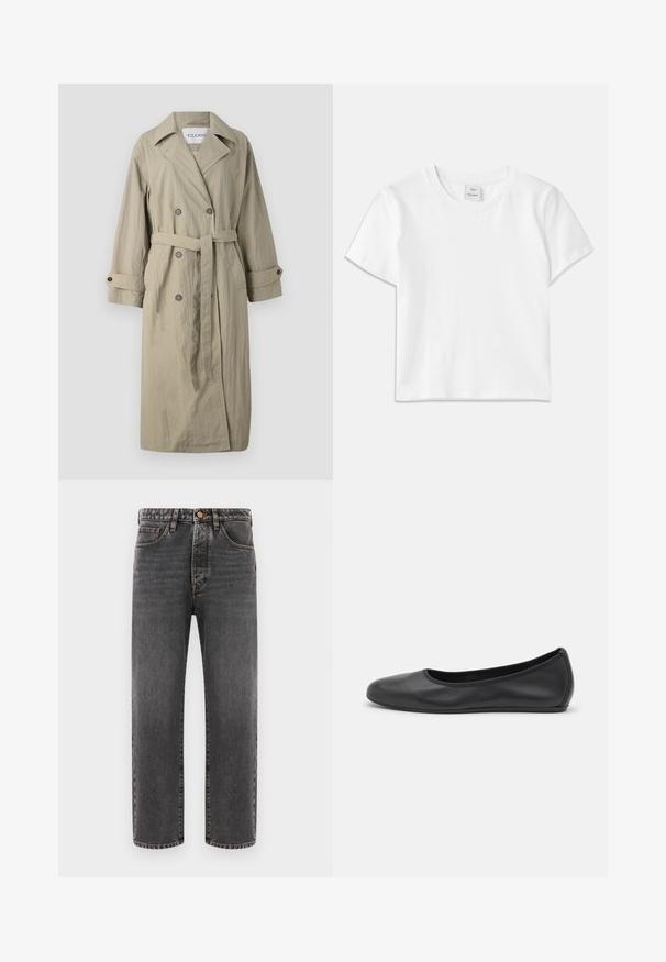 Beige dobbeltbrystet trench coat med bælte, knappede manchetter og et let struktureret stof. Har en spids krave og to forlommer.; Hvid bomulds-t-shirt med rund hals, korte ærmer og lige kant. Mærke med teksten "Won Hundred" placeret i midten af halsudskæringen.; Mørkegrå jeans lavet af denim, med lige ben, fem lommer og synlige stikninger. Knaplukning i taljen.; Sort læderballetsko med rund tå, glat tekstur, minimal syning og et fleksibelt såldesign.