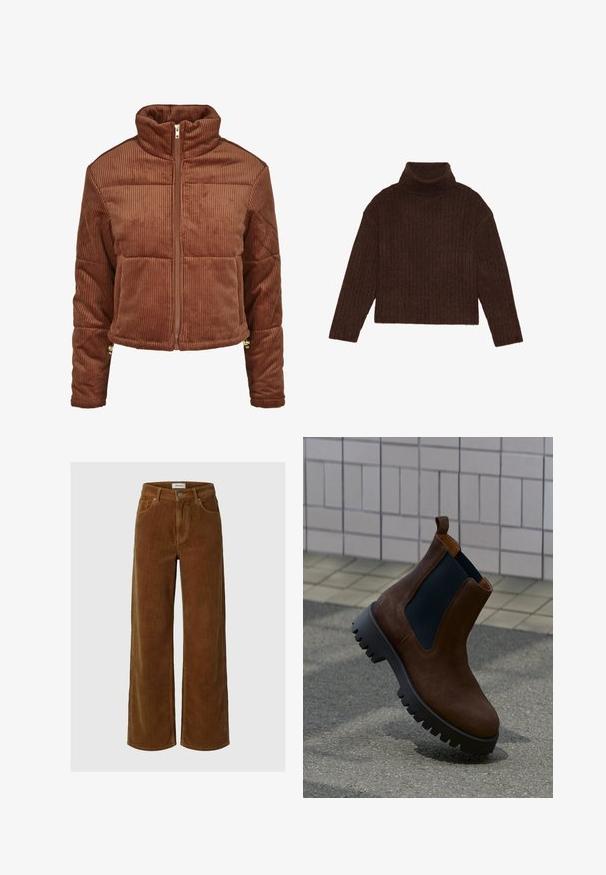Veste en velours côtelé marron avec un col haut, fermeture éclair sur le devant et design bouffant. Présente des côtes verticales et un matériel d'accent aux poignets.; Pull en maille côtelée marron à col roulé, avec des manches longues et une silhouette courte, présentant un design de tricot épais et texturé.; Pantalon large en velours côtelé marron avec poches avant, passants de ceinture, fermeture par bouton et zip, présenté sur un fond uni.; Botte Chelsea en cuir marron avec panneaux latéraux élastiques noirs et semelle épaisse et robuste, posée devant un mur carrelé et un sol pavé.