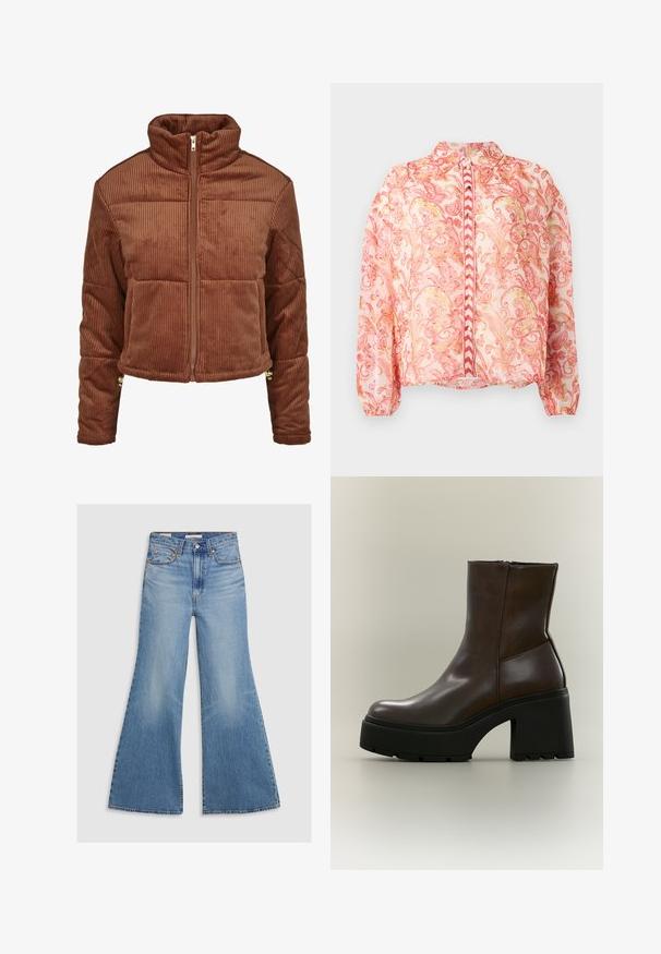 Veste en velours côtelé marron avec un col haut, fermeture éclair sur le devant et design bouffant. Présente des côtes verticales et un matériel d'accent aux poignets.; Blouse rose transparente avec des tournesols floraux en rouge et or, col rond, fermeture à boutons sur le devant, poignets élastiqués et ourlet droit.; Les jeans évasés en denim de lavage clair présentent une taille haute, des poches avant et des accessoires en bronze. Le tissu a une texture décolorée avec une finition lisse.; Bottine en cuir marron foncé avec une semelle plateforme noire épaisse et un talon bloc sur fond neutre.