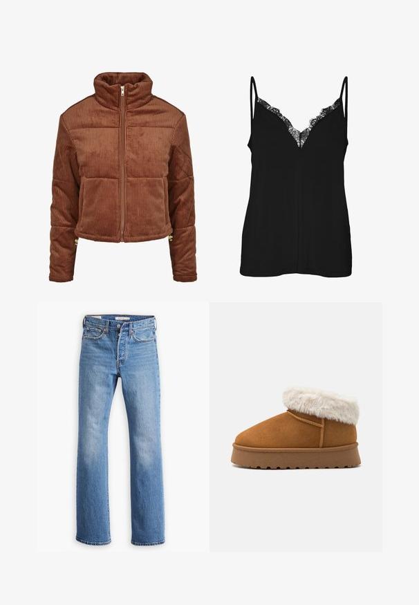 Ruskea corduroy-takki, jossa on korkea kaulus, etuvetoketju ja puffimainen muotoilu. Ominaisuuksiin kuuluvat pystyribbitys ja korostustyökalut hihansuissa.; Vero Moda VMALBERTA INSERT SINGLET - Toppi - black; Siniset farkut suoran lahdesignillä, joissa on korkea vyötärö, klassinen viisi taskua -tyyli ja selkeä haalistuma reisissä.; Ruskean mokkanahka nilkkuri, jossa on valkoinen tekoturkiskuviomaisesti muotoiltu varsi, pyöreä kärki ja aallokkomuotoinen kumipohja. Minimalistinen muotoilu.