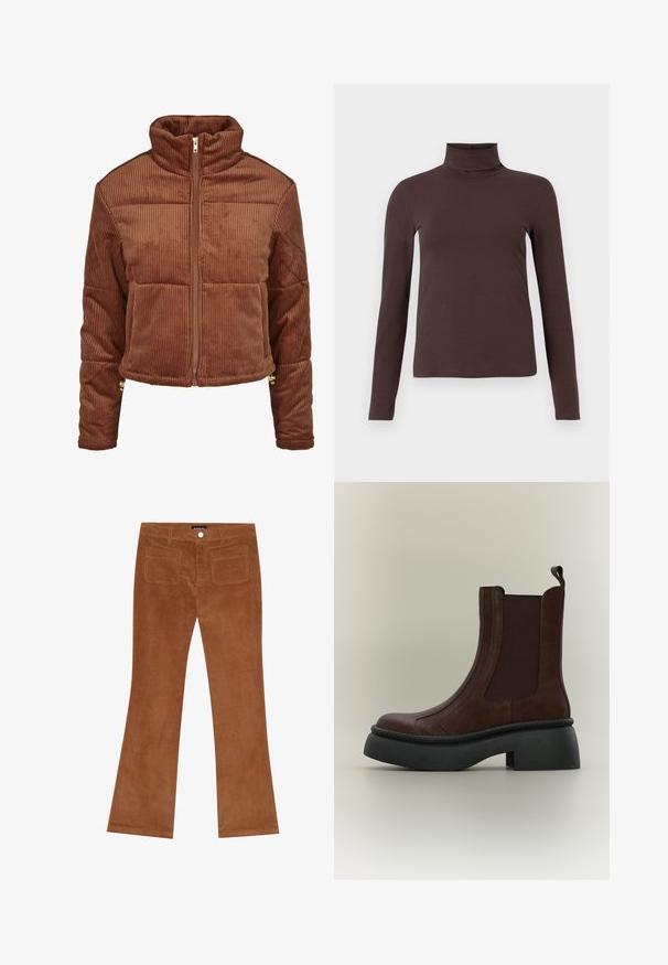 Veste en velours côtelé marron avec un col haut, fermeture éclair sur le devant et design bouffant. Présente des côtes verticales et un matériel d'accent aux poignets.; Chemise marron foncé à manches longues avec col roulé et silhouette ajustée sur un fond clair uni.; Pantalons en velours côtelé marron évasés avec une texture côtelée, fermeture à bouton à l'avant et deux poches arrière.; Bottine en daim brun foncé avec des panneaux latéraux élastiques noirs, une épaisse semelle plateforme noire et une languette à l’arrière.