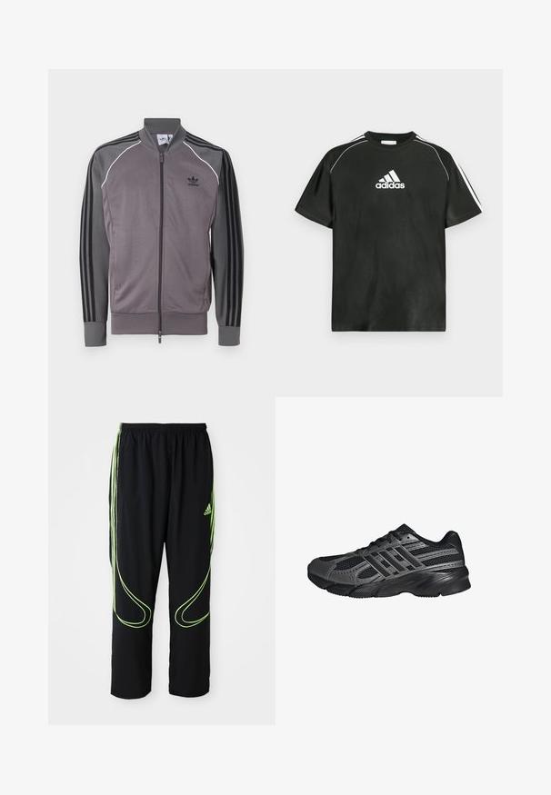 Grå atletisk jakke med lynlås foran, sort tre-stribet design på ærmerne, ribbede manchetter og krave. Har hvid piping langs sømmene.; Sort T-shirt med korte ærmer, hvide Adidas-logo på brystet og hvide striber på skuldrene. Fremstillet af glat stof, afslappet pasform.; Sorte Adidas sportbukser med neongrønne buede linjer og tre striber på siderne, elastisk livrem og Adidas-logo på forsiden af låret.; Sorte træningssko lavet af mesh og syntetiske materialer, med en tekstureret overflade, flere grå striber og en polstret krave.