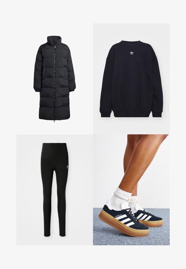 Manteau doudoune noir avec un col haut, fermeture éclair frontale intégrale et deux poches latérales ; design matelassé avec une finition brillante et des poignets côtelés.; Sweat-shirt noir en mélange de coton, avec un col rond et des poignets côtelés, arborant un petit logo Adidas blanc situé au centre de la poitrine.; Leggings noirs en matériau extensible avec une taille haute, présentant un petit logo Adidas blanc sur la jambe gauche. Texture lisse.; Jambes portant des chaussettes blanches et des baskets Adidas Gazelle noires avec des bandes blanches et des semelles épaisses marron sur un sol recouvert de moquette grise.