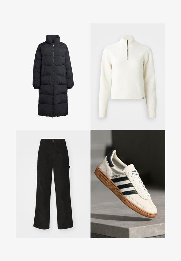 Sort pufferjakke med høj krave, fuld frontlynlås og to sidelommer; quiltet design med en blank finish og ribbede manchetter.; Hvid, sweater med lynlås ved halsen og lange ærmer. Lavet af et blødt strikmateriale, med ribbede manchetter og kant. Diskret mærke-logo ved kanten.; Sorte kordfløjsbukser med et lige ben-design, der har en knaplukning og sidelommer. Glat tekstur med fine lodrette striber.; Hvide ruskinds sneakers med marineblå striber, gummisål, struktureret overdel, rund tå og snøring; har branding på siden og tungen.