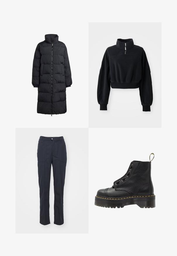 Zwarte pufferjas met een hoge kraag, volledige rits aan de voorkant en twee zijzakken; geborduurd ontwerp met een glanzende afwerking en geribde manchetten.; Zwarte cropped sweatshirt met een hoge kraag, ritssluiting tot halverwege en lange, iets gepofte mouwen. Gemaakt van zachte, gestructureerde stof.; Donkerblauwe broek met een rechte pasvorm, voorzien van twee voorzakken, een knoopsluiting en een soepele stofstructuur.; Zwarte leren enkelboot met een gestructureerd oppervlak, ronde neus, vetersluiting, gele stiksels en een dikke, geribbelde zwarte plateauzool.