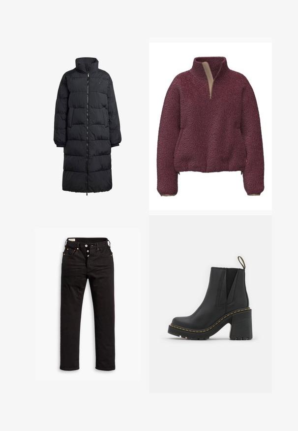 Sort pufferjakke med høj krave, fuld frontlynlås og to sidelommer; quiltet design med en blank finish og ribbede manchetter.; Bordeauxfarvet fleece-pullover med høj krave, halv lynlås foran og elastiske manchetter. Blød tekstur og afslappet pasform med sidelommer.; Sorte lige jeans med knaplukning, front- og baglommer samt kobbernitte detaljer på en hvid baggrund.; Sorte læder ankelstøvler med blokhæle. Har elastiske sidepaneler og gule stikninger langs sålen. Struktureret gummisål.