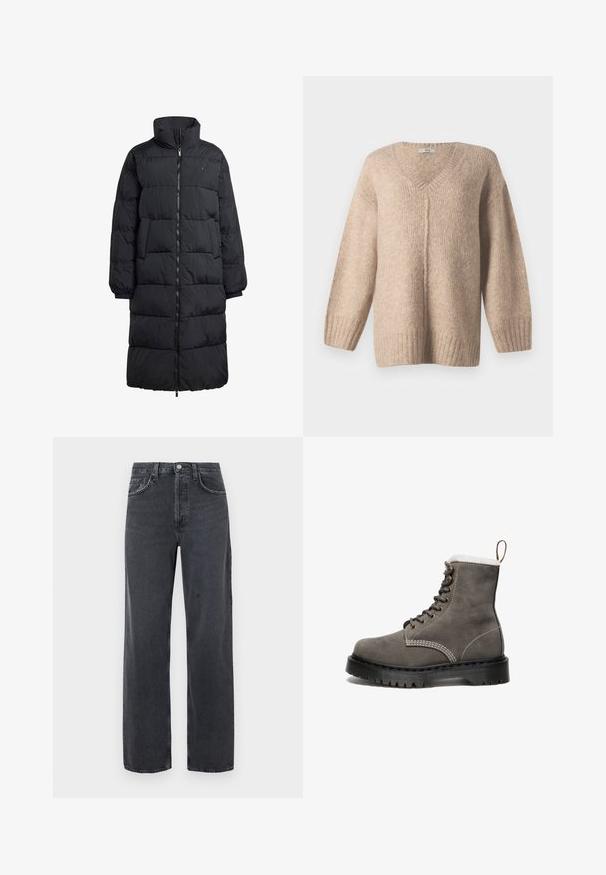 Musta puffatakkia, jossa on korkea kaulus, koko edessä oleva vetskari ja kaksi sivutaskua; tikattu malli kiiltävällä pinnalla ja ribbikudot. ; Beige neulepaita, jossa on V-pääntie, roikkuvat hihat ja ribbaushelmassa. Pehmeä rakenne, rento istuvuus ja hienovarainen kirjava kuvio koko matkalla.; Leveälahkeiset mustat farkut haalistuneella viimeistelyllä, joissa on kaksi etutaskua ja napillinen vyötärön sulkeminen. Klassinen viiden taskun malli.; Harmaat nahkabootit, joissa on valkoista tekokarvaa vuorauksena, pyöreä kärki, metalliset silmukat ja musta kumipohja, jossa on rakenteellinen pintakuvio. Korotettu lenkki kantapäällä.