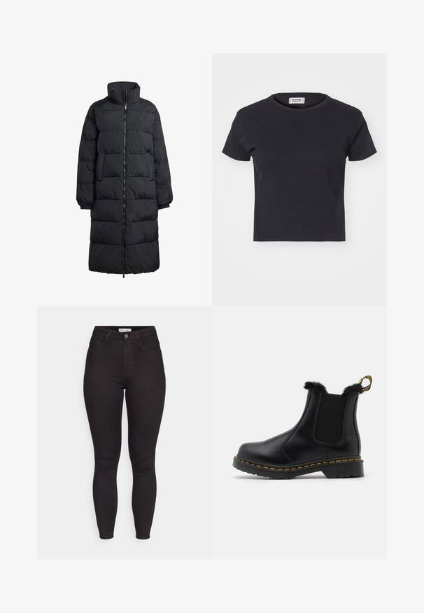 Schwarze Daunenjacke mit hohem Kragen, durchgehendem Reißverschluss und zwei Seitentaschen; gestepptes Design mit glänzendem Finish und gerippten Bündchen.; Denim Project DPMDPWRIBBED CROPPED T-SHIRT - T-Shirt basic - black; Schwarze hochgeschnittene Skinny-Jeans mit Knopf und Reißverschluss vorne, Gürtelschlaufen und Fünf-Taschen-Stil auf einem weißen Hintergrund präsentiert.; Schwarze Leder Stiefeletten mit strukturierten elastischen Seitenpanelen, einem Fellbesatz an der Oberkante, gelben Nähten und einer robusten Gummisohle.