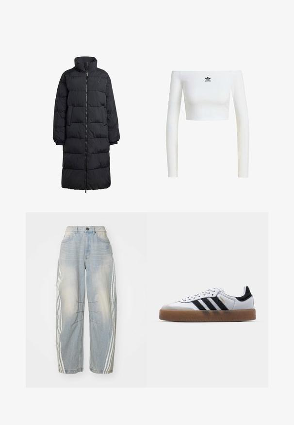 Sort pufferjakke med høj krave, fuld frontlynlås og to sidelommer; quiltet design med en blank finish og ribbede manchetter.; Hvid crop top med off-shoulder i ribbet stof, som har lange ærmer og et lille sort Adidas-logo på fronten.; Lyseblå denimjeans med løs pasform, der har hvide striber ned langs siderne, slidte detaljer og knaplukning i taljen.; Hvide lædersneakers med sorte striber, gummirubber sål, rund tå, snørelukning og blød grå ruskinds tåhætte.