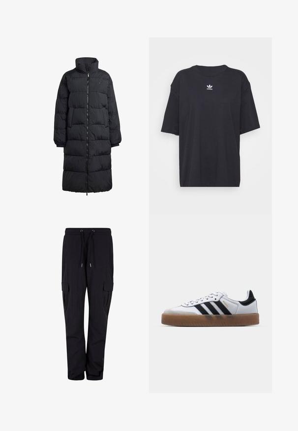 Manteau doudoune noir avec un col haut, fermeture éclair frontale intégrale et deux poches latérales ; design matelassé avec une finition brillante et des poignets côtelés.; T-shirt en coton noir à manches courtes, col rond, avec un logo Adidas blanc sur la poitrine. Design simple, coupe décontractée.; Pantalons cargo noirs en tissu doux, dotés d'une taille élastique avec cordons de serrage et de poches latérales. Design à jambes droites.; Baskets en cuir blanc avec des rayures noires, semelle extérieure en caoutchouc beige, bout rond, fermeture lacée et embout en suède gris doux.