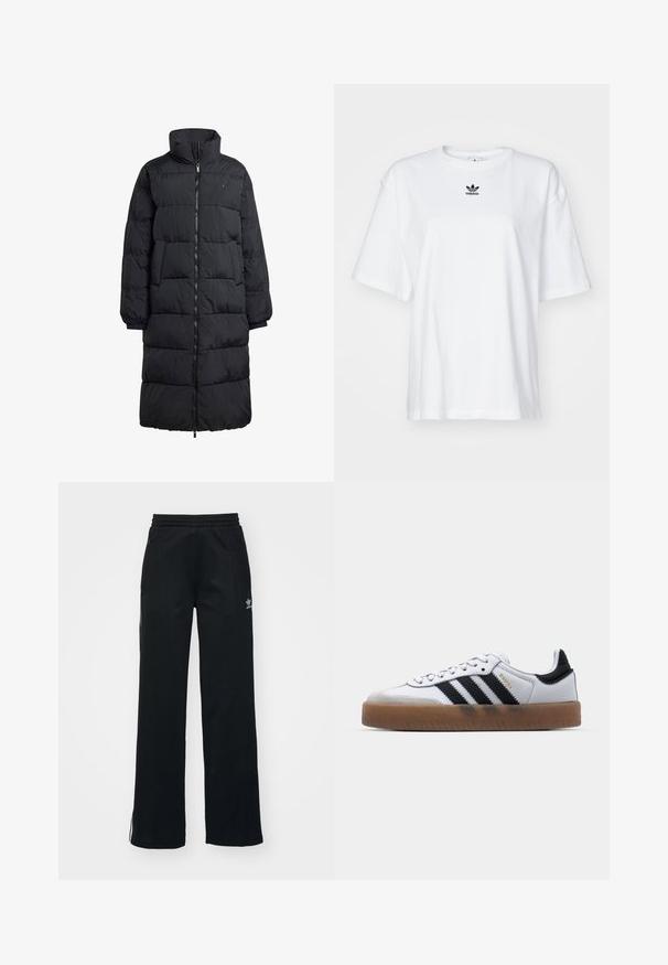 Sort pufferjakke med høj krave, fuld frontlynlås og to sidelommer; quiltet design med en blank finish og ribbede manchetter.; Hvid kortærmet t-shirt lavet af bomuld. Har en rund halsudskæring og et lille sort Adidas-logo på brystet. Lige skåret kant.; Sorte træningsbukser med en afslappet pasform, snoretræk i taljen, sidelommer med lynlås og diskret hvid branding på venstre ben.; Hvide lædersneakers med sorte striber, gummirubber sål, rund tå, snørelukning og blød grå ruskinds tåhætte.