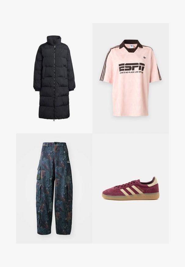 Sort pufferjakke med høj krave, fuld frontlynlås og to sidelommer; quiltet design med en blank finish og ribbede manchetter.; Lyserød Adidas sportsskjorte med mørkebrun krave og striber, med teksten "ESP1" og "THERE'S NO PLACE LIKE SPORTS" på forsiden.; Camo cargo bukser i mørkegrøn og brun, med flere lommer og en løs pasform, lavet af letvægtigt, holdbart stof.; Lavprofil vinrød ruskindssneaker med beige Adidas-striber, gumisål og "Spezial" i guldskrift på siden, vist på hvid baggrund.
