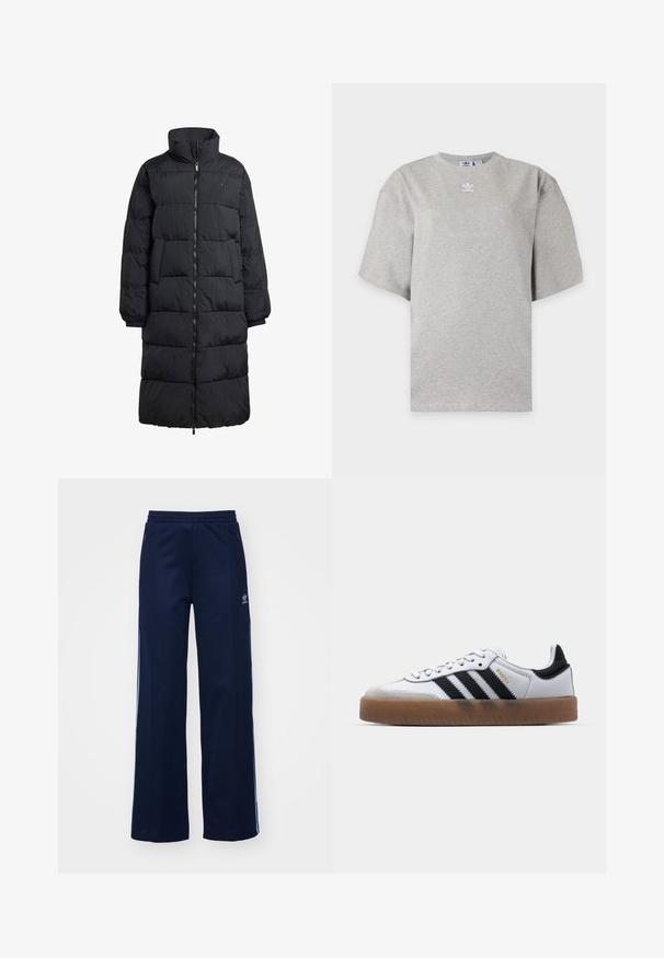 Schwarze Daunenjacke mit hohem Kragen, durchgehendem Reißverschluss und zwei Seitentaschen; gestepptes Design mit glänzendem Finish und gerippten Bündchen.; Hellgraues Adidas T-Shirt mit kurzen Ärmeln, Rundhalsausschnitt und kleinem weißen Adidas-Logo auf der Brust, auf schlichtem Hintergrund dargestellt.; Helleblaue Baumwollmischung Trainingshosen mit weit geschnittenem Design, elastischem Bund und Reißverschlusstaschen, mit weißen Seitenstreifen und Logodetails.; Weiße Leder Sneakers mit schwarzen Streifen, Gummigummi-Außensohle, runder Zehenform, Schnürverschluss und weichem grauem Wildleder-Zehenkappe.